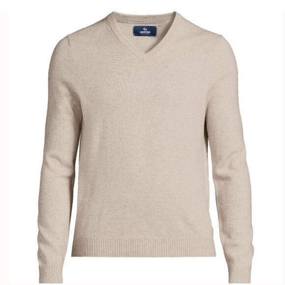Lands’ End Men’s L 100% Cashmere V-Neck Sweater | Beige Tan, Classic Luxury $200 - Picture 7 of 7
